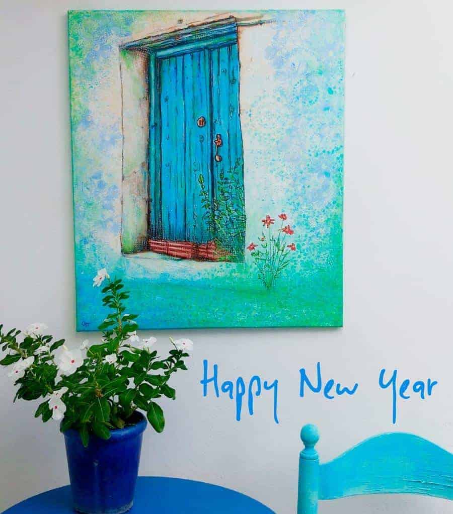 blue door painting greek village door