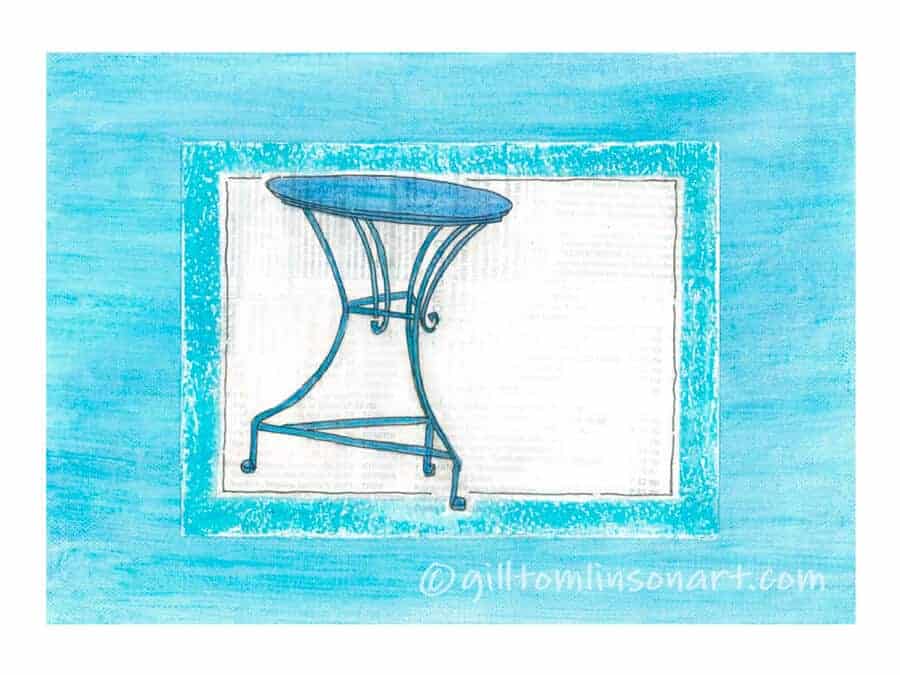 blue greek cafe table painting by gill tomlinson