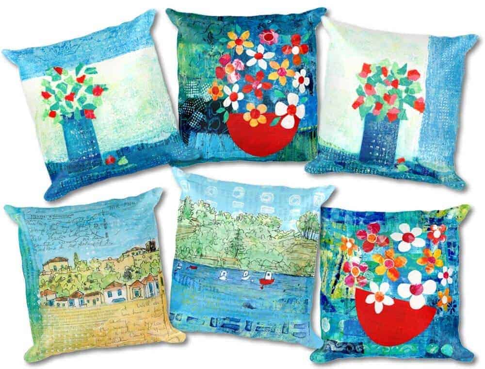 six cushion designs with artwork inspired by greece by gill tomlinson artist