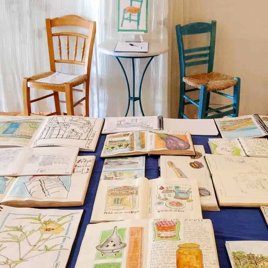sketchbooks at art exhibition by gill tomlinson in Koroni, Greece