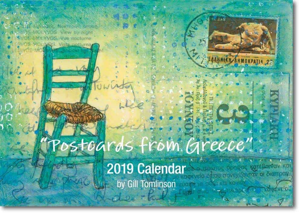 postcards from greece, 2019 art calendar, greek art, gill tomlinson art